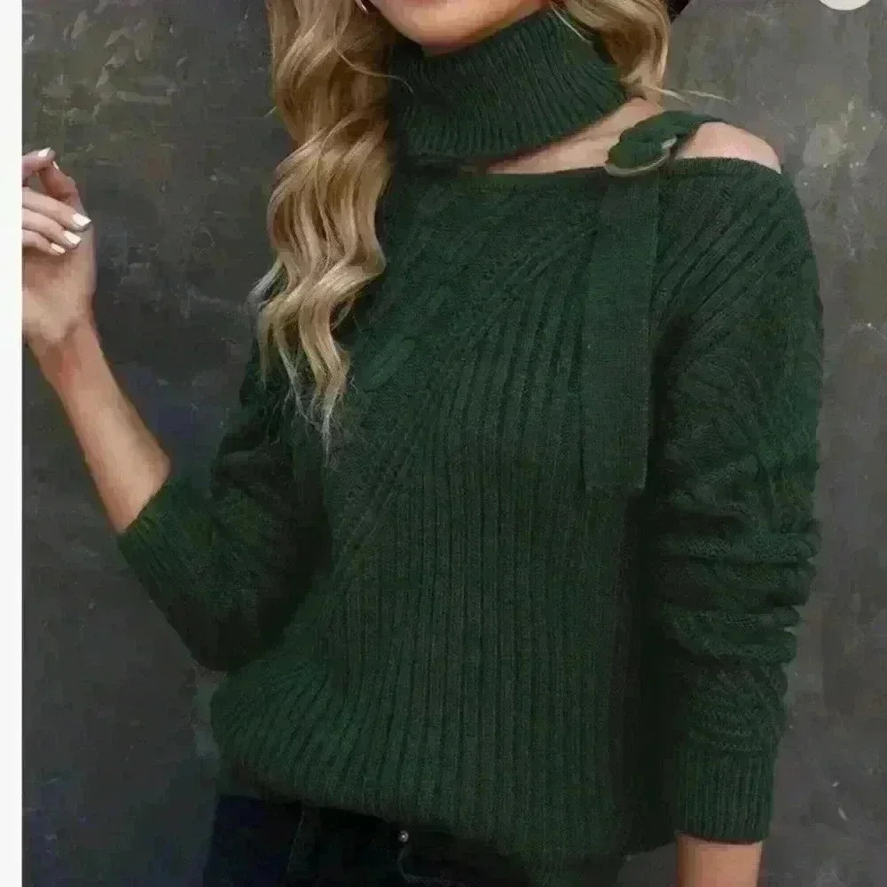 AMAZON  BRAND | Women's Dark Green Cold Shoulder Oversized Knitted Sweat…